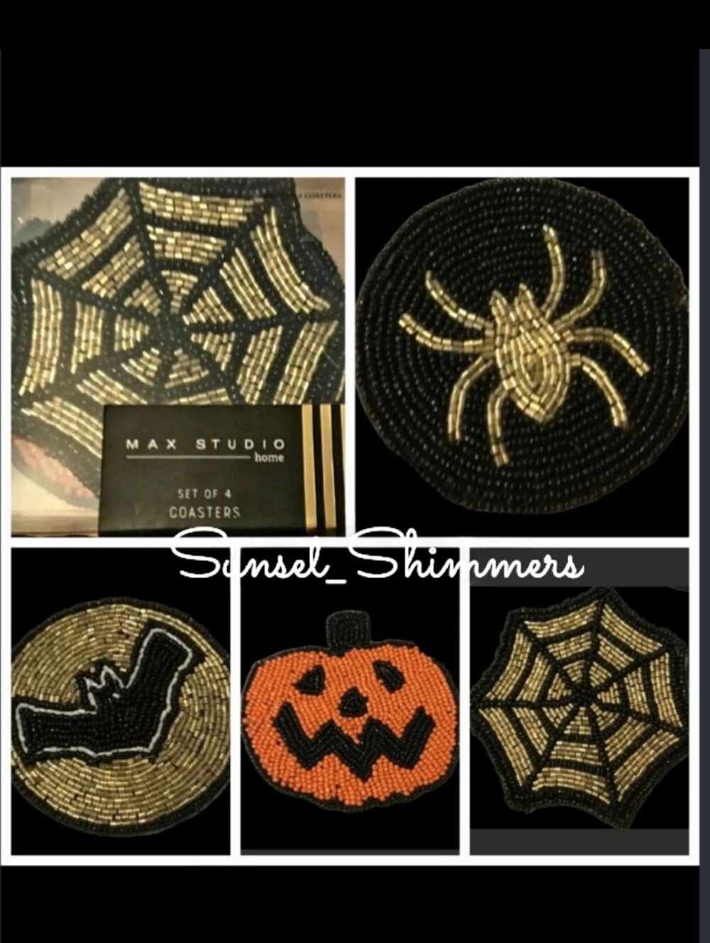 x4 Halloween Beaded Coaster Set Jack Pumpkin Spider Spiderweb & Bat Max Studio